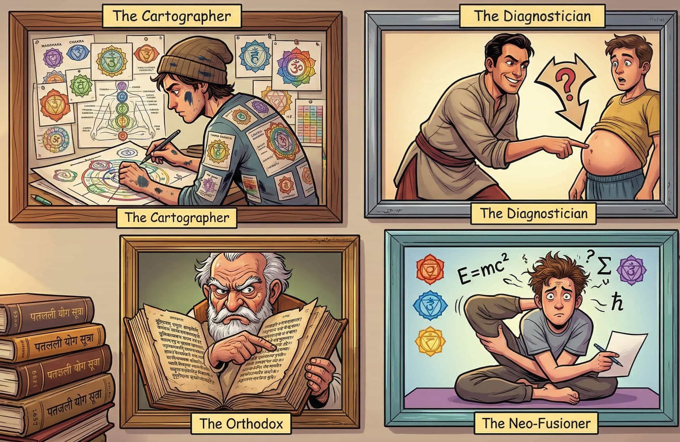 Illustration humoristique en bande dessinée montrant quatre archétypes du yoga livresque : Le Cartographe, Le Diagnostiqueur, L