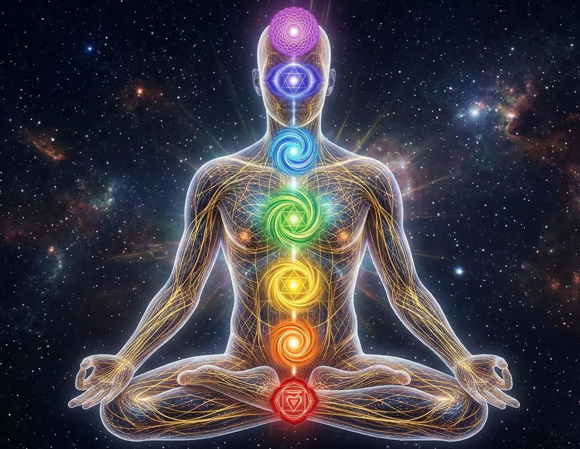 Représentation artistique du corps énergétique en méditation avec les sept chakras principaux illuminés de Muladhara à Sahasrara et un réseau de nadis dorés sur fond cosmique
