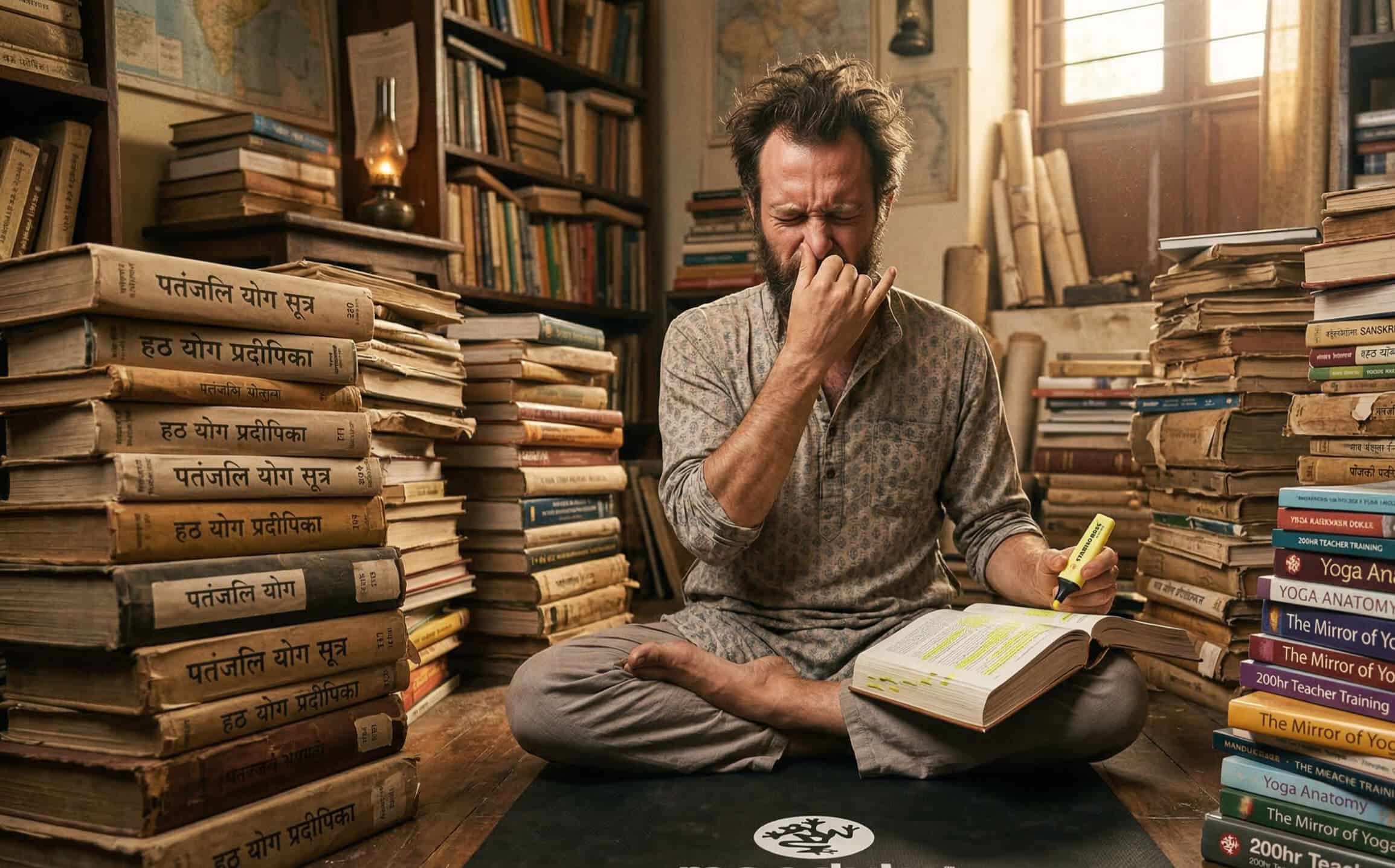 Homme assis en tailleur submergé par des piles de livres de yoga en Sanskrit et en anglais, se frottant les yeux de fatigue avec un surligneur à la main