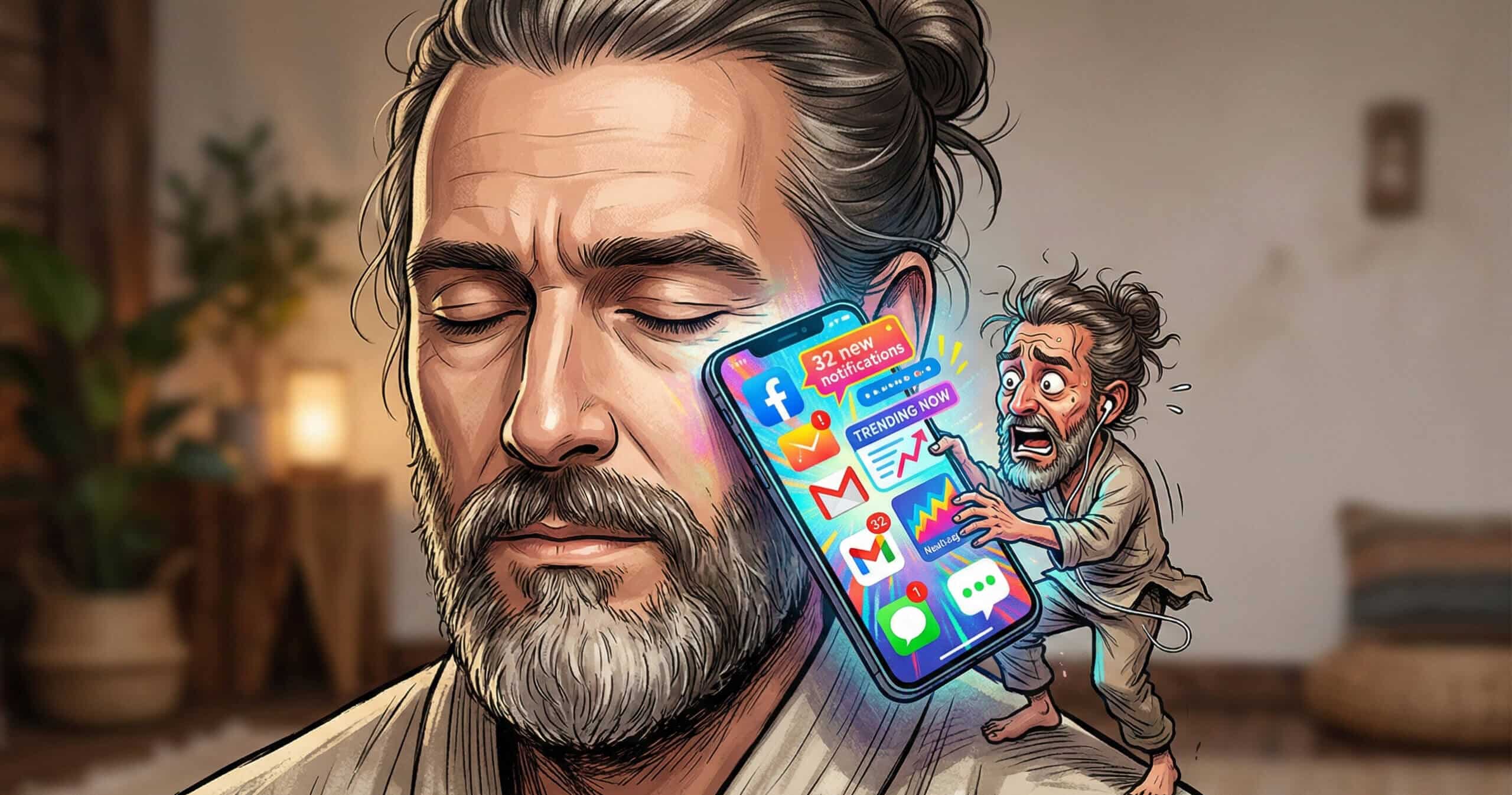 Un yogi tentant de méditer harcelé par son ego et les notifications de son smartphone