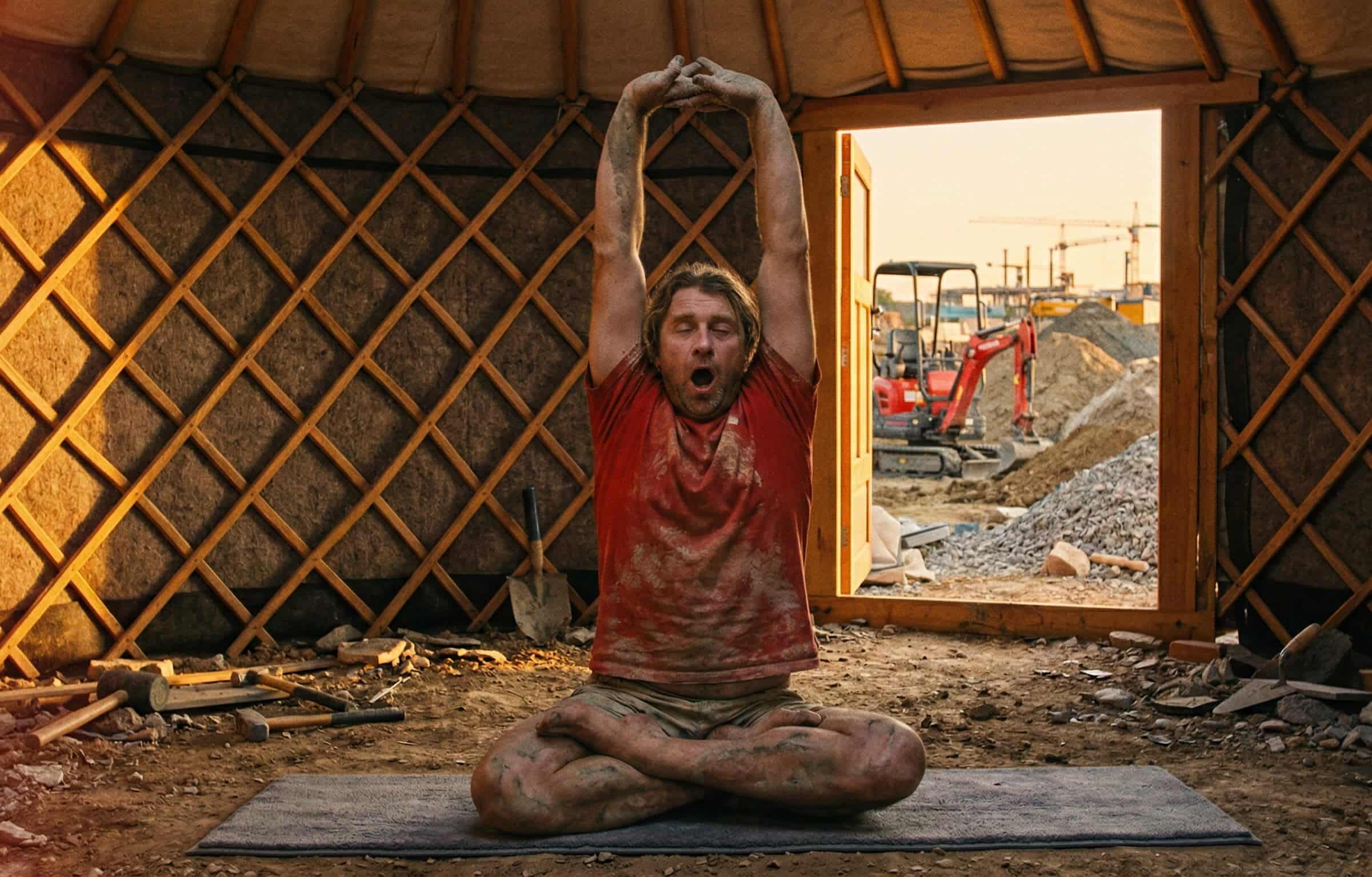 Un homme couvert de terre faisant du yoga sur un chantier, illustrant la réalité de la pratique